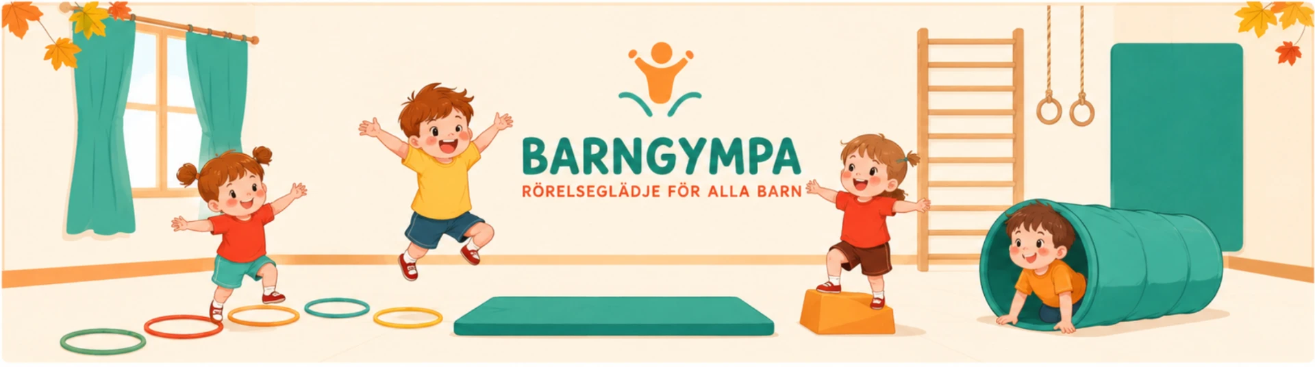 Barn som hoppar och gympar på mattor i gympasalen